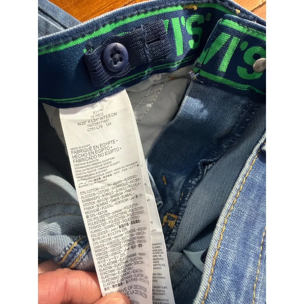 Levi's 511 Slim Jeans Boys 18 Reg 29x31 Blue Performance Stretch Adjustable NEW
